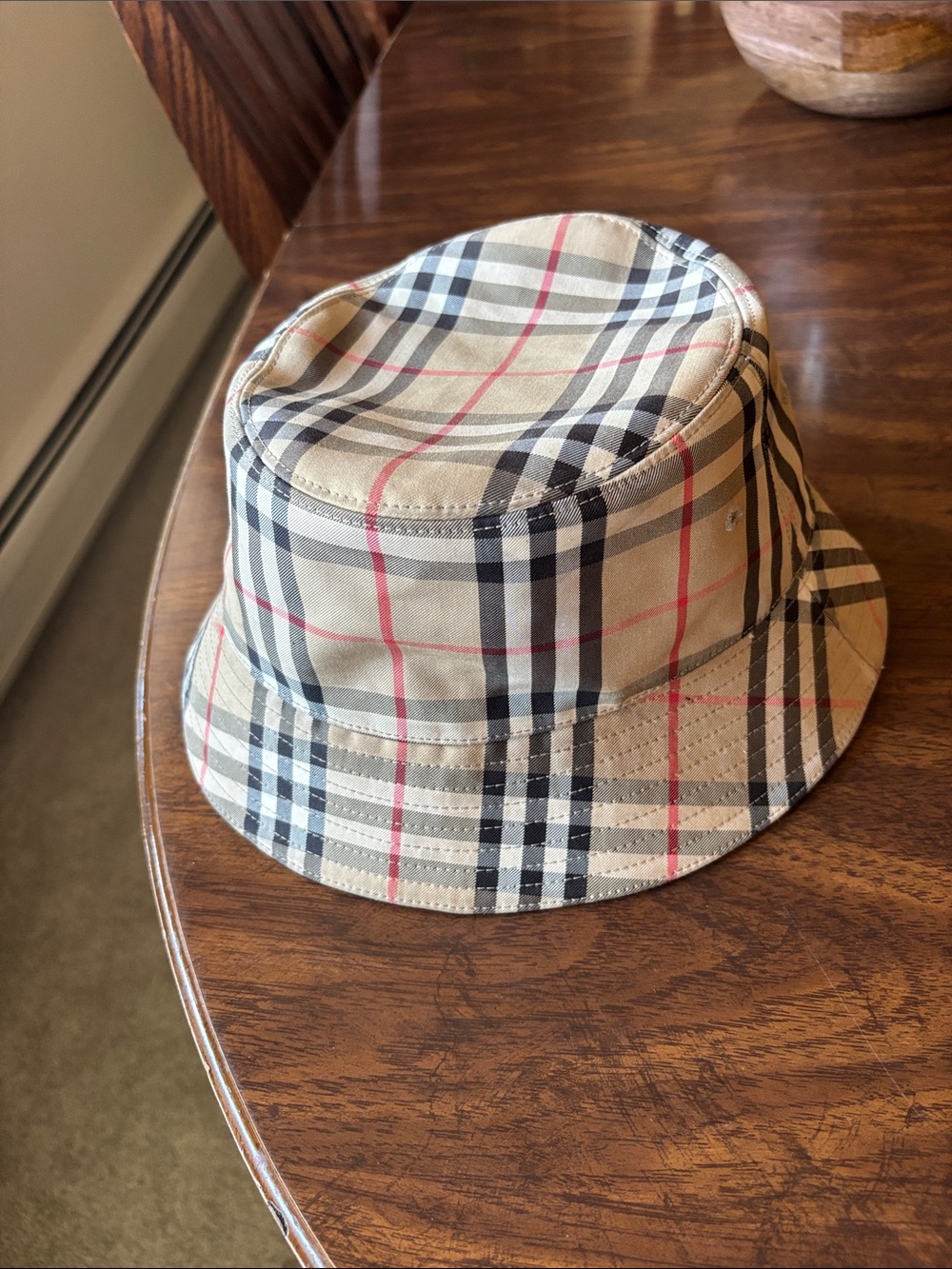 Burberry Plaid Bucket Hat in Beige, Black & Red
